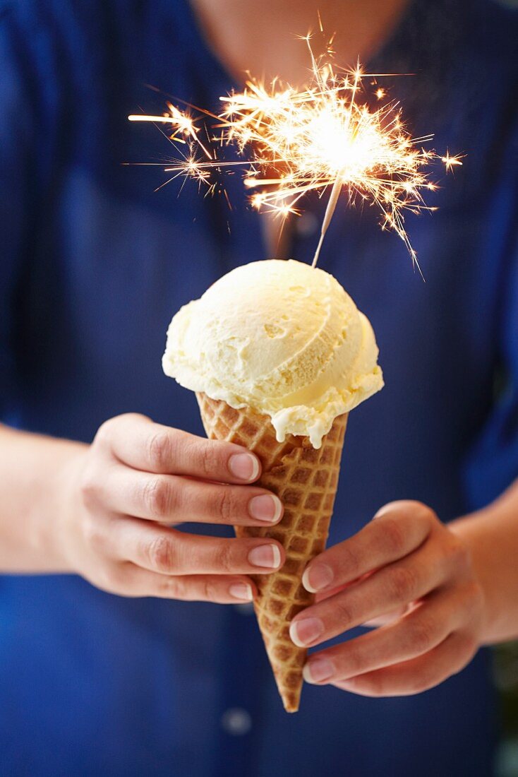 Vanilla ice cream with a lighted sparkler