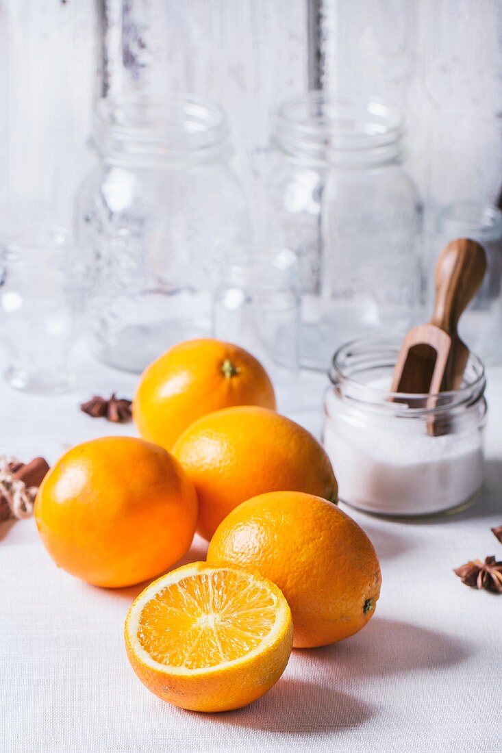 Ingredients for making orange marmalade