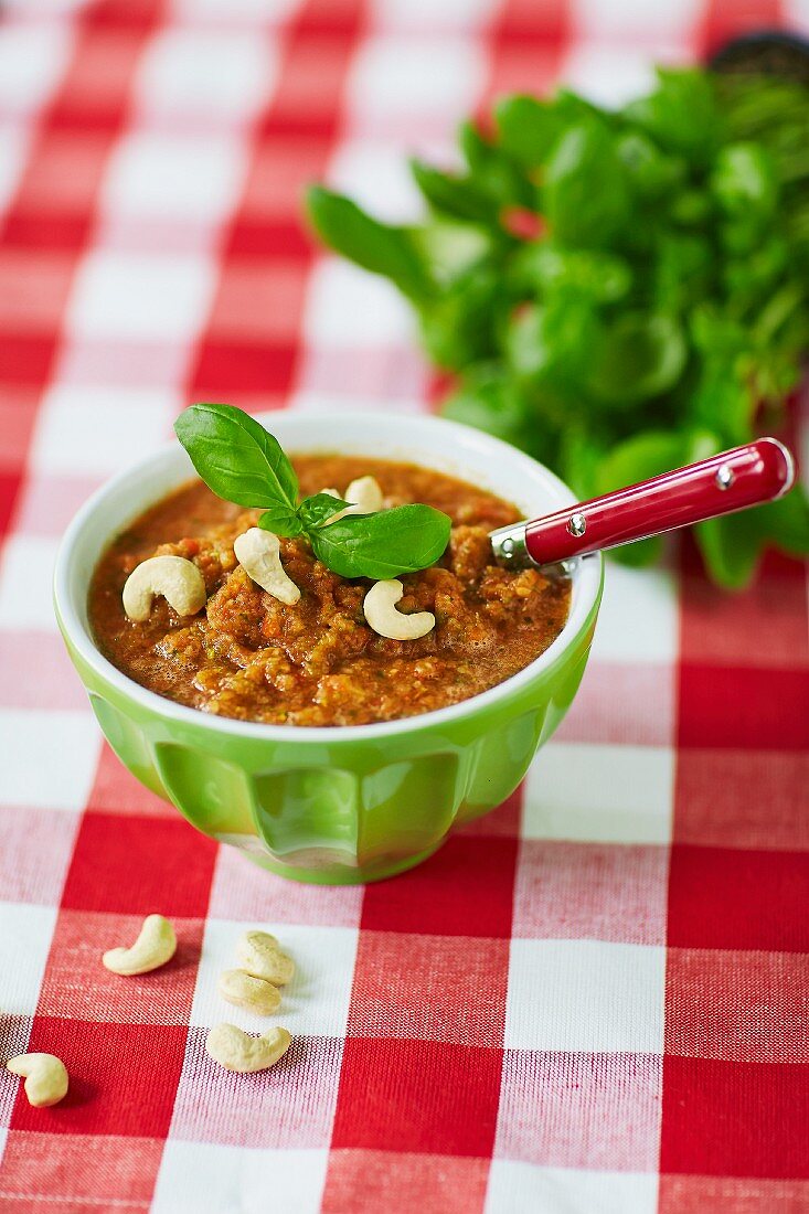 Detox gazpacho made from tomatoes, carrots, peppers and cashew nuts