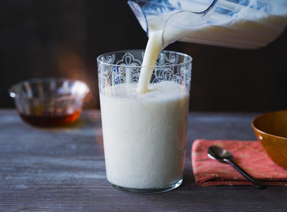 Sweet lassi made from yogurt, honey, cardamom and rose water