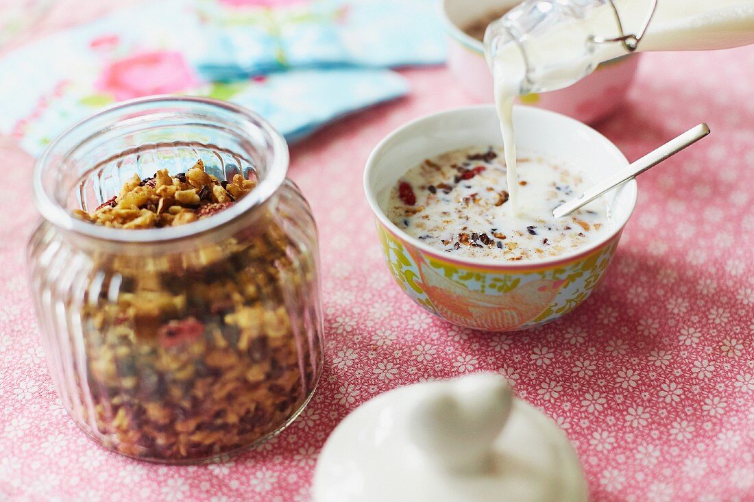 Granola with walnuts, dates, goji berries and milk