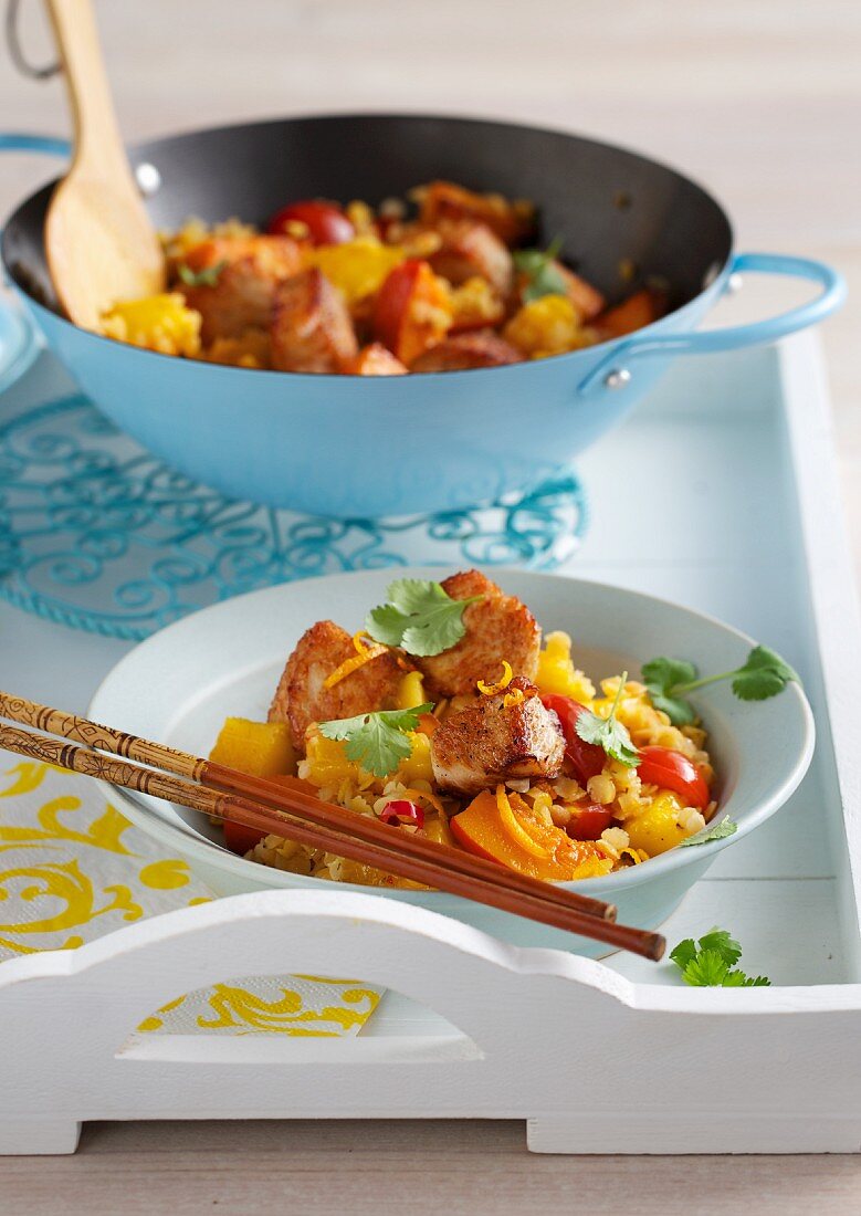 Brazilian stir fry - turkey breast with mango, pumpkin, red lentils and fresh coriander