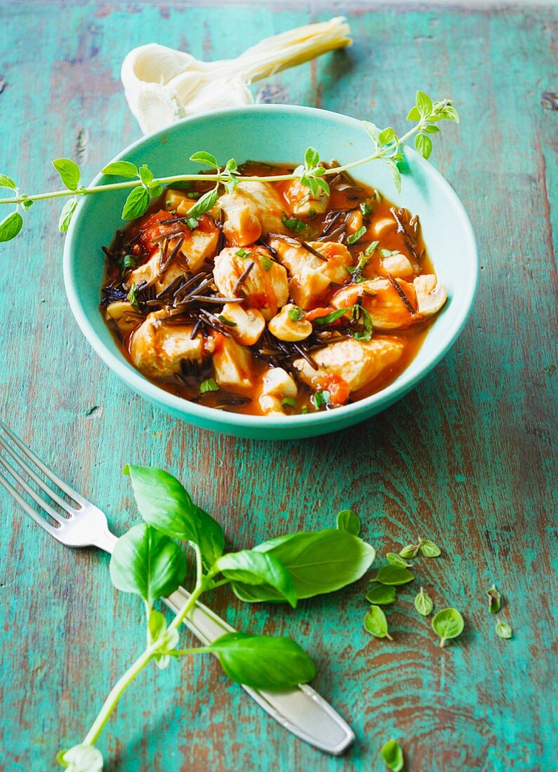 Mediterranean chicken breast with this mushrooms, tomatoes and wild rice