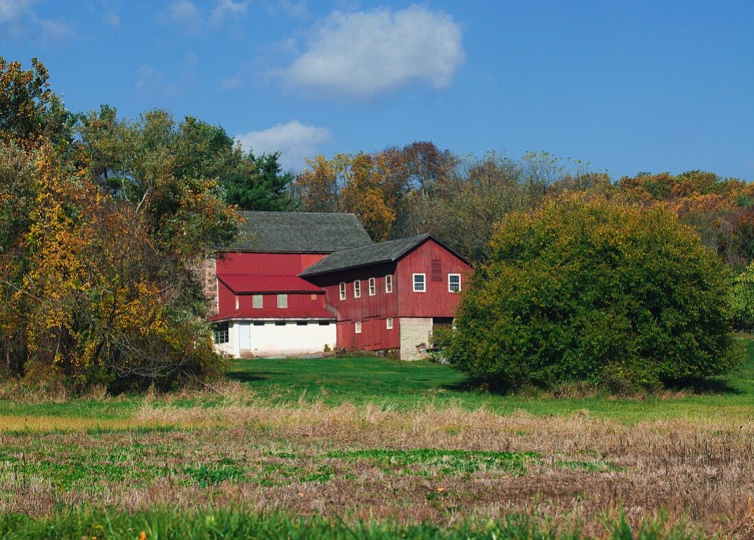 Red farmhouse in country