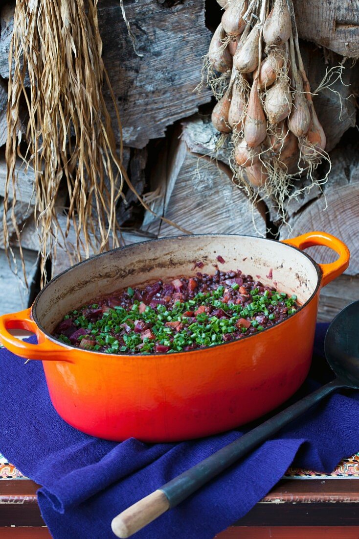 Lentil and beetroot stew with spring onions