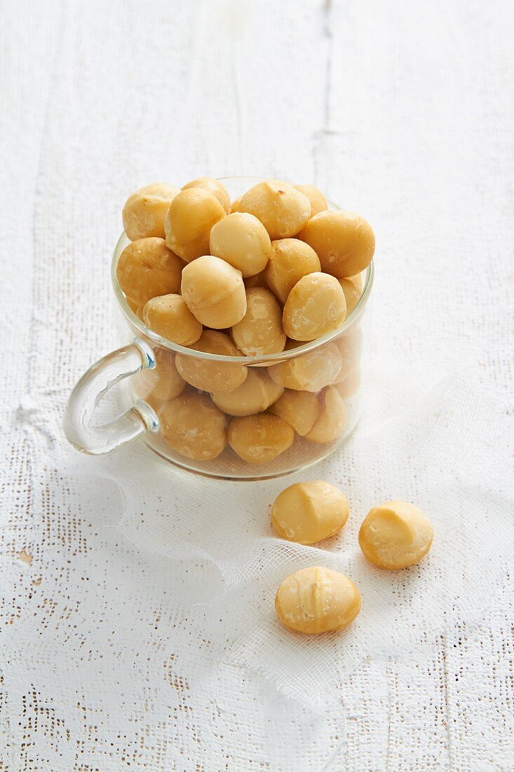 Macadamia nuts in a glass cup