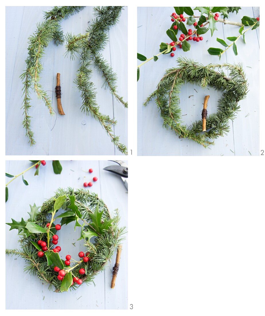 A wreath of holly and larch sprigs being made