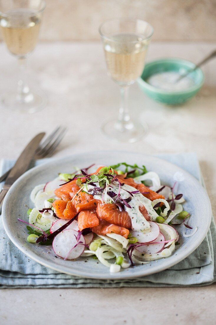 Salmon salad with fennel and radishes