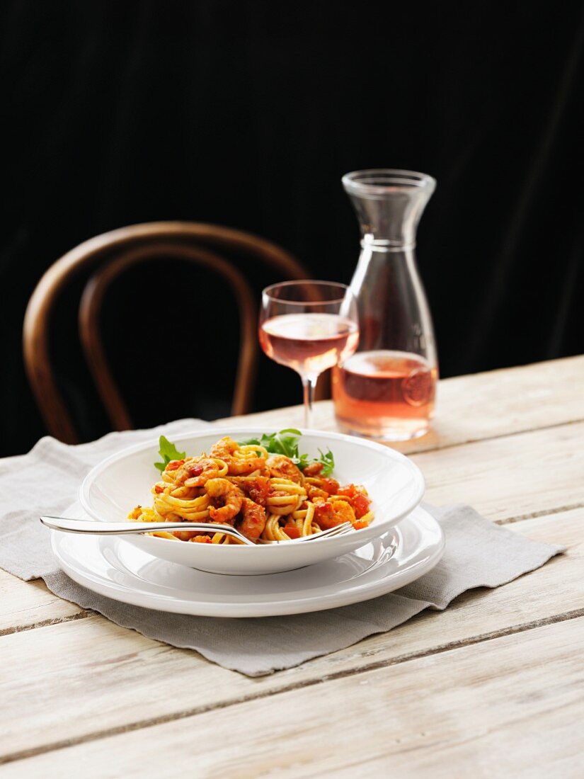 Linguine with chilli prawns, rocket and rosé wine