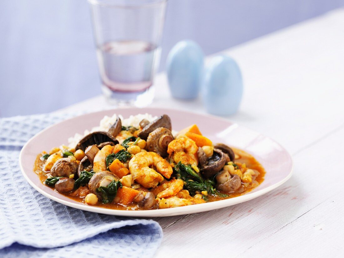 Prawn and mushroom curry with rice and spinach