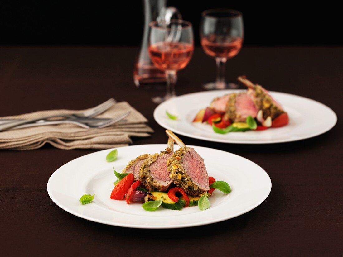 A rack of lamb with Mediterranean vegetables