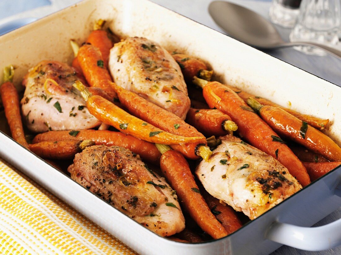 Roast chicken thighs with honey-glazed carrots