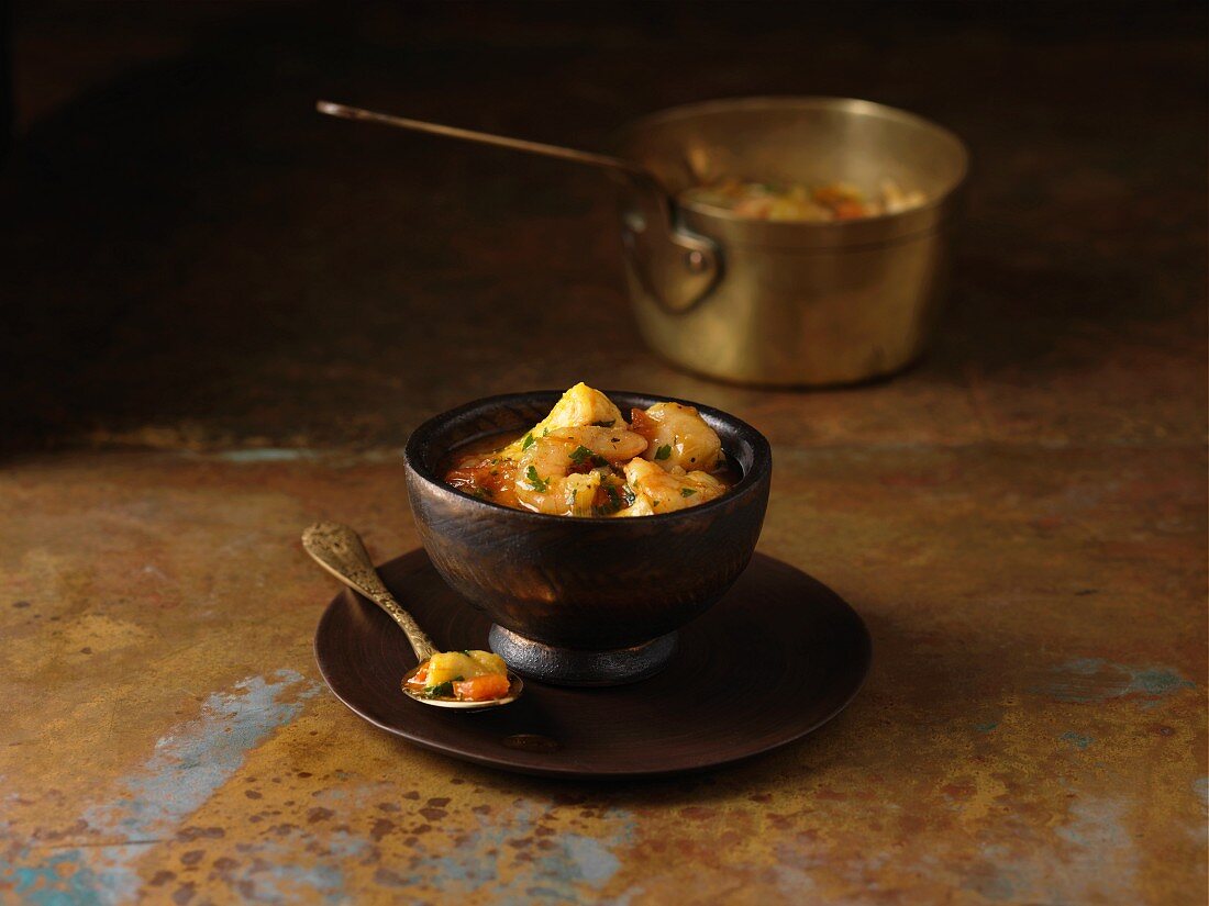 A bowl of Bouillibaisse soup