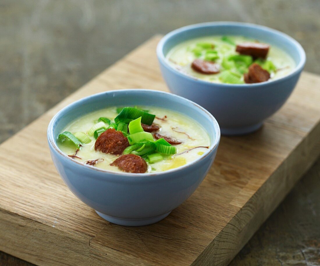 Leek and potato soup with chorizo