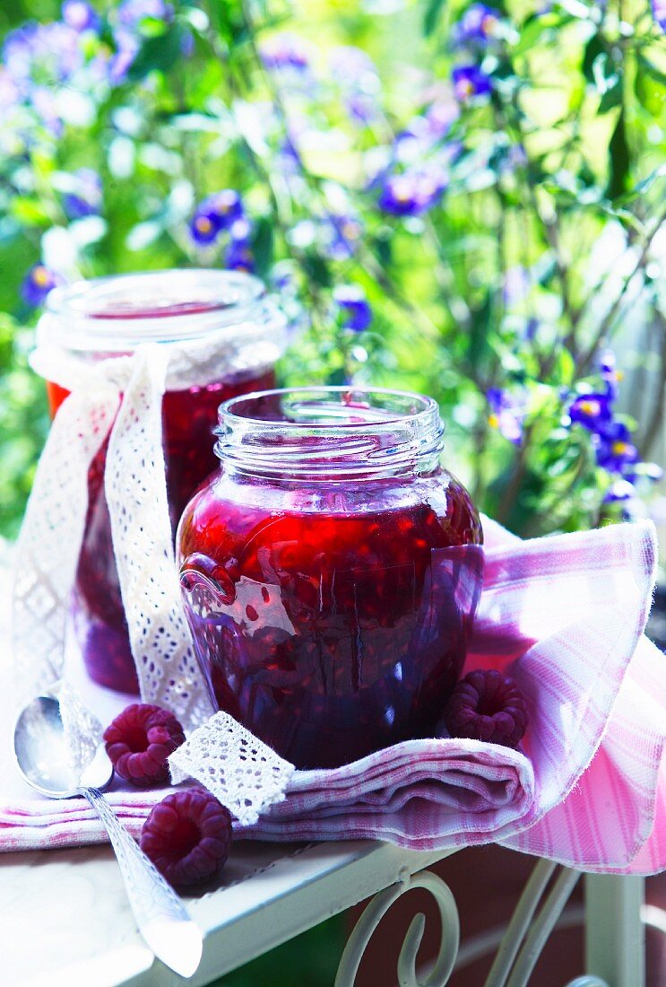 Jars of raspberry jam