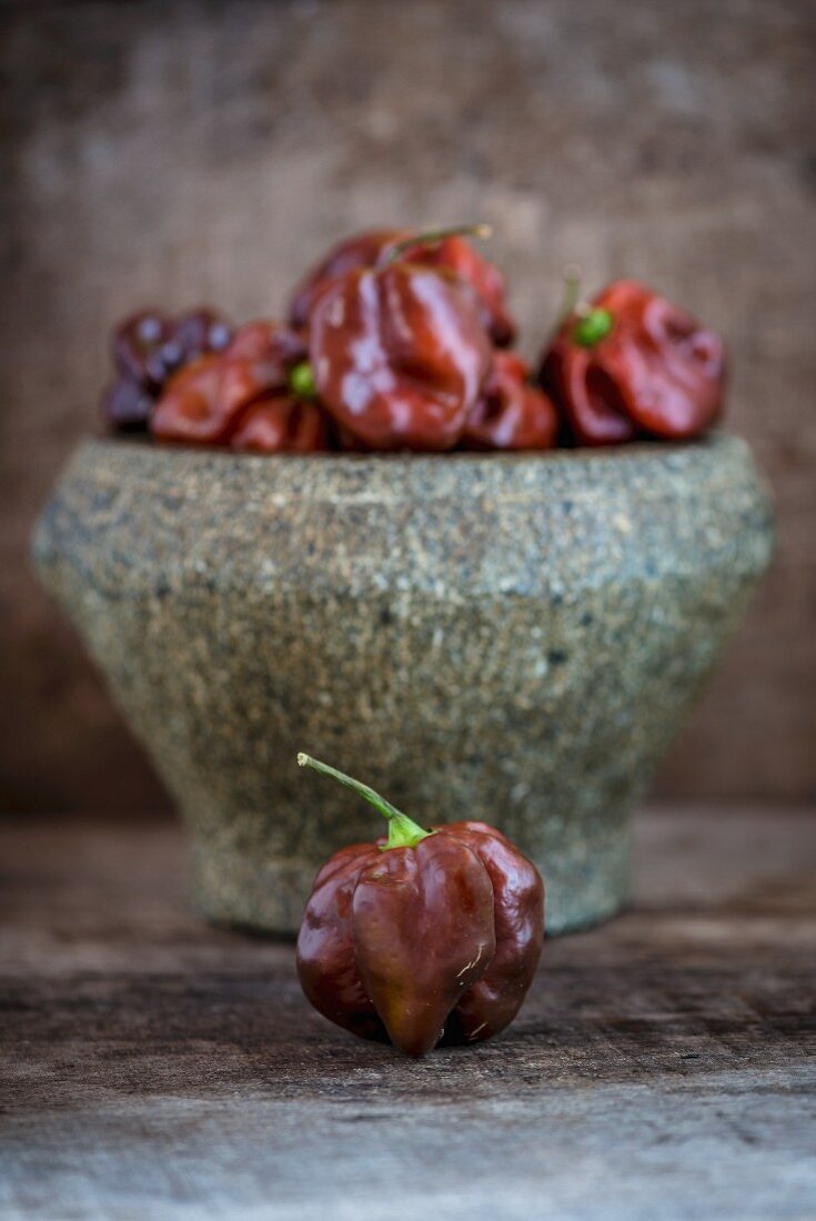 Habanero peppers in a large stone mortar