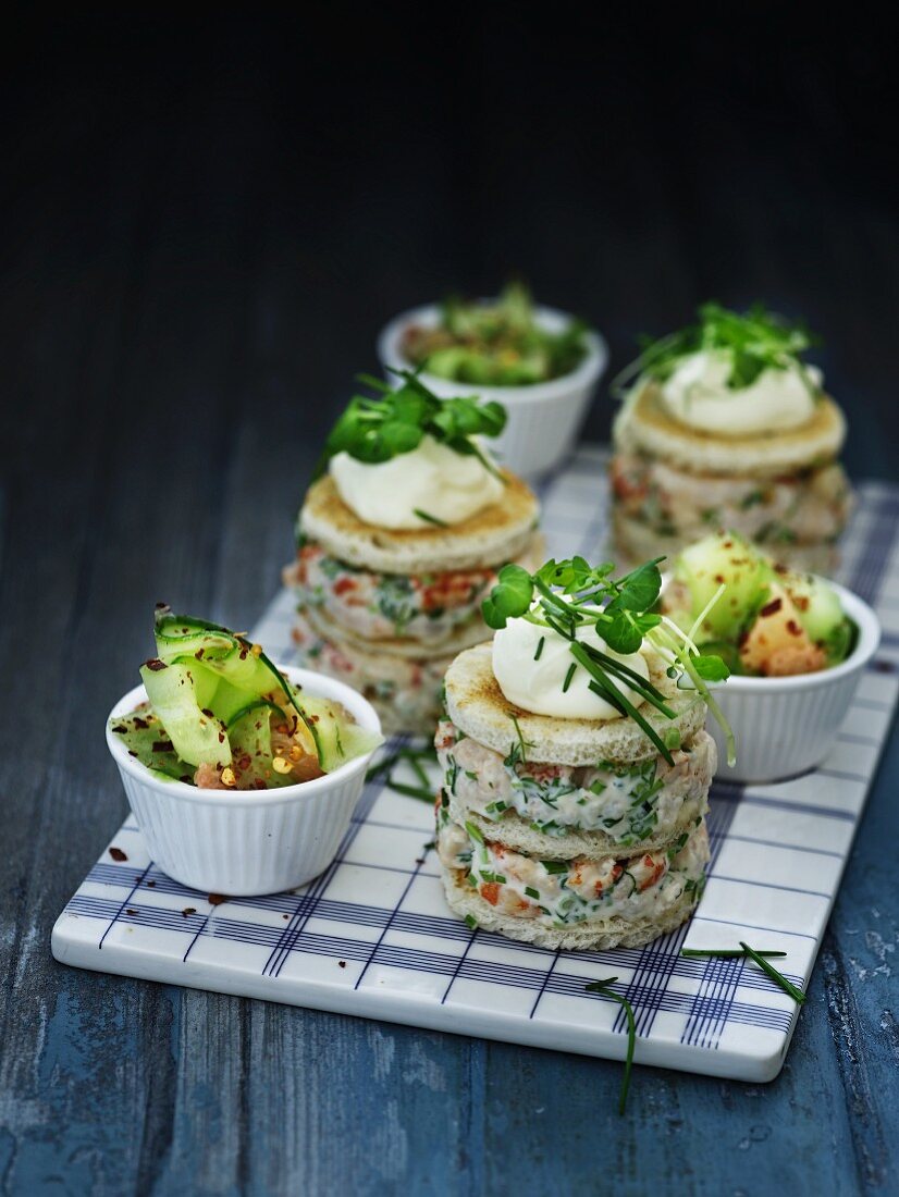 Stacks of shrimp salad sandwiches