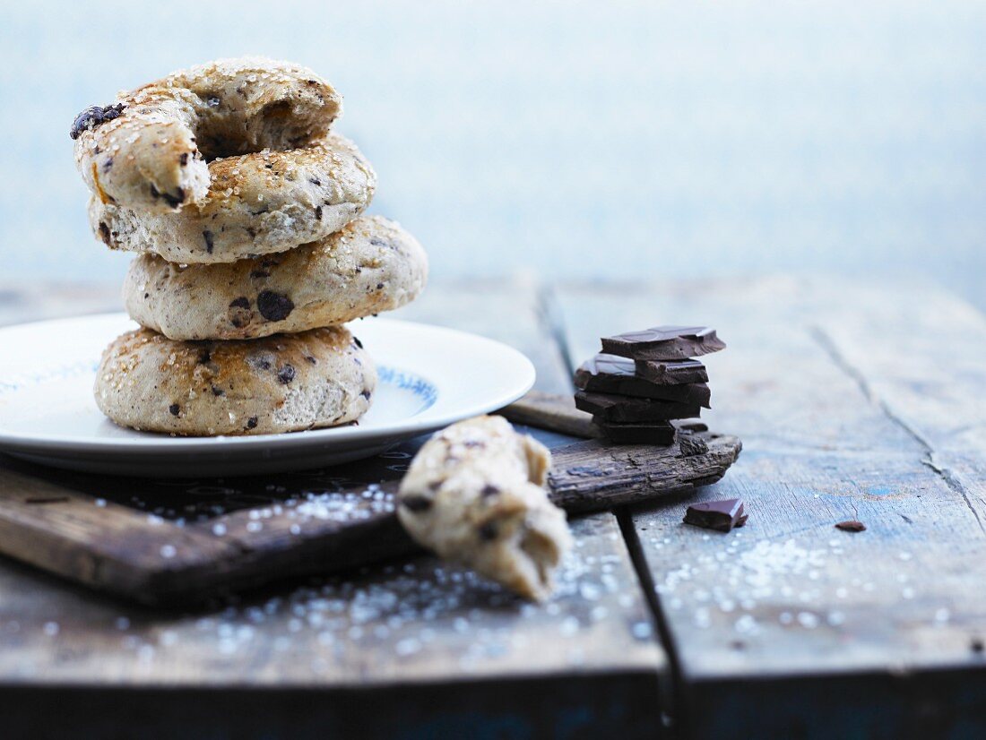A stack of bread rings with chocolate chips