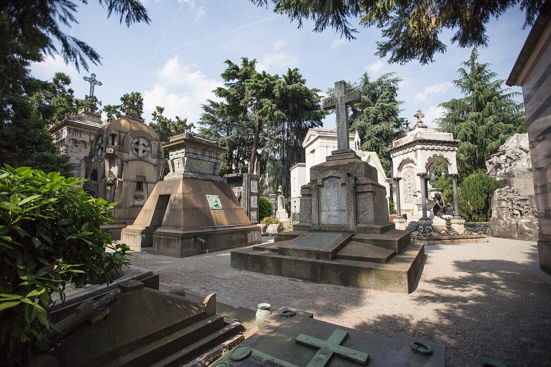 Imposing crypt construction at the Cimitero Monumentale, Milan
