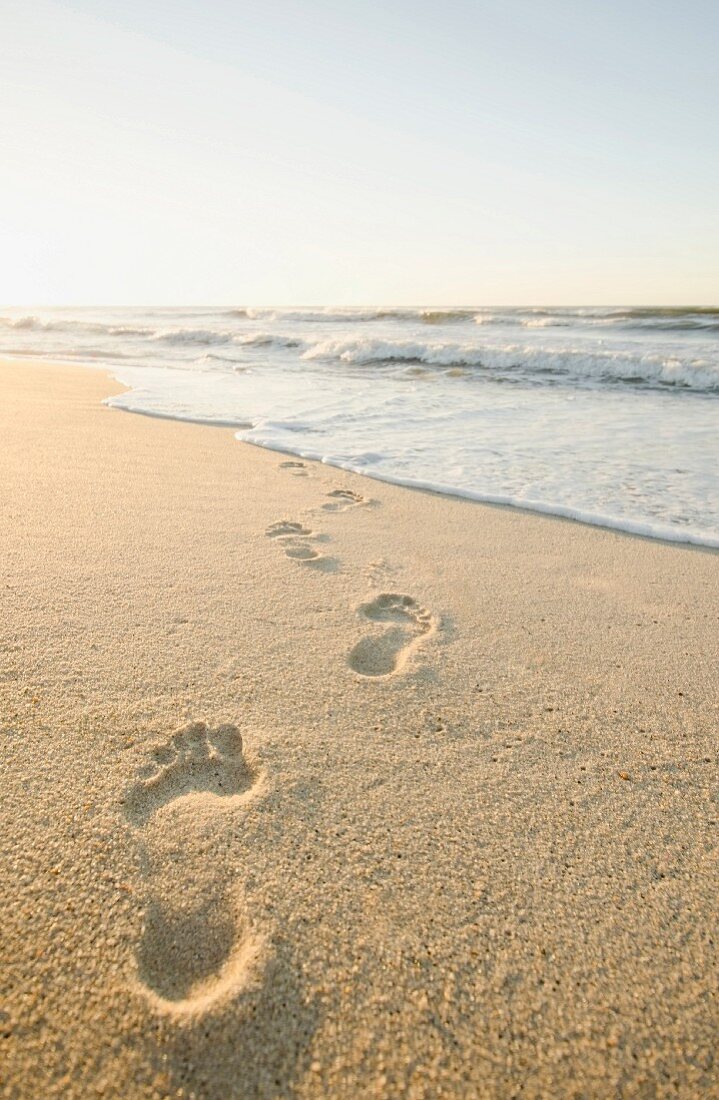Fußspuren im Sand führen ins Meer