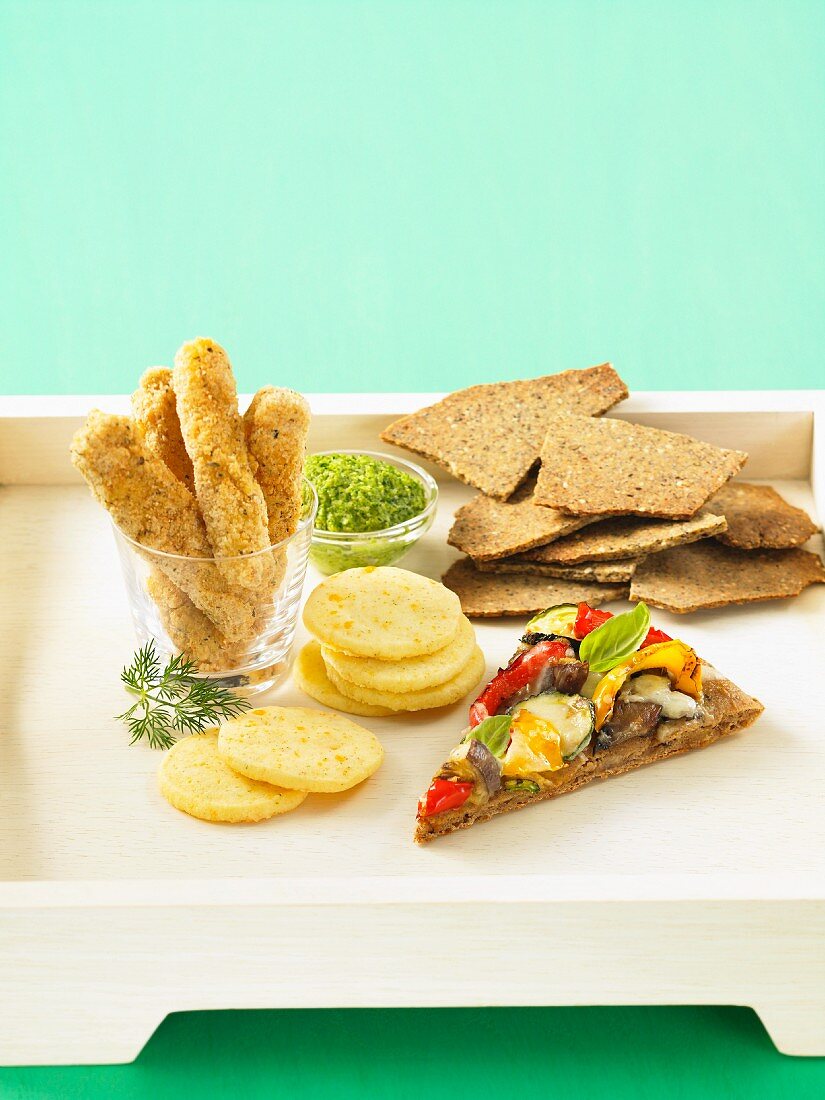 Various crackers with dips