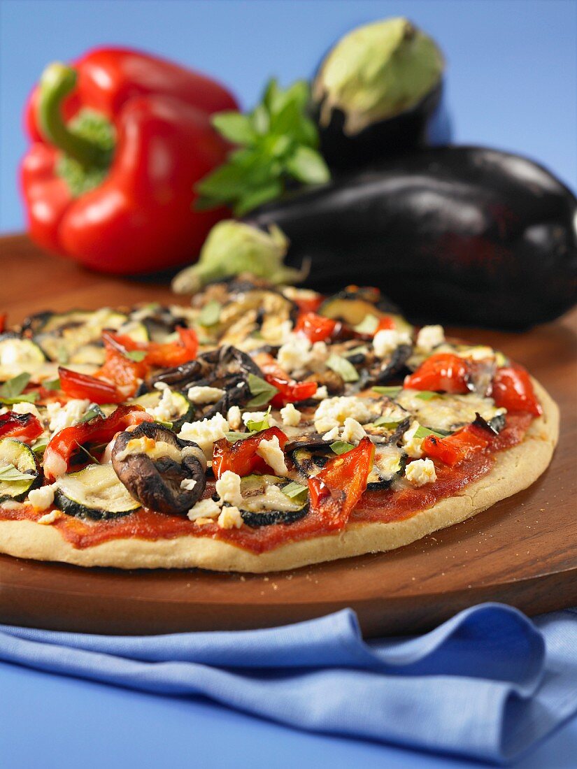 Mediterranean pizza with aubergines and peppers