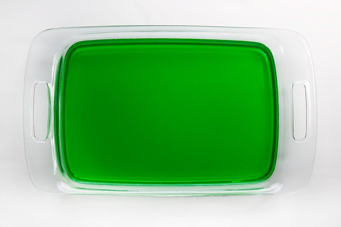 Glass tray of lime gelatin
