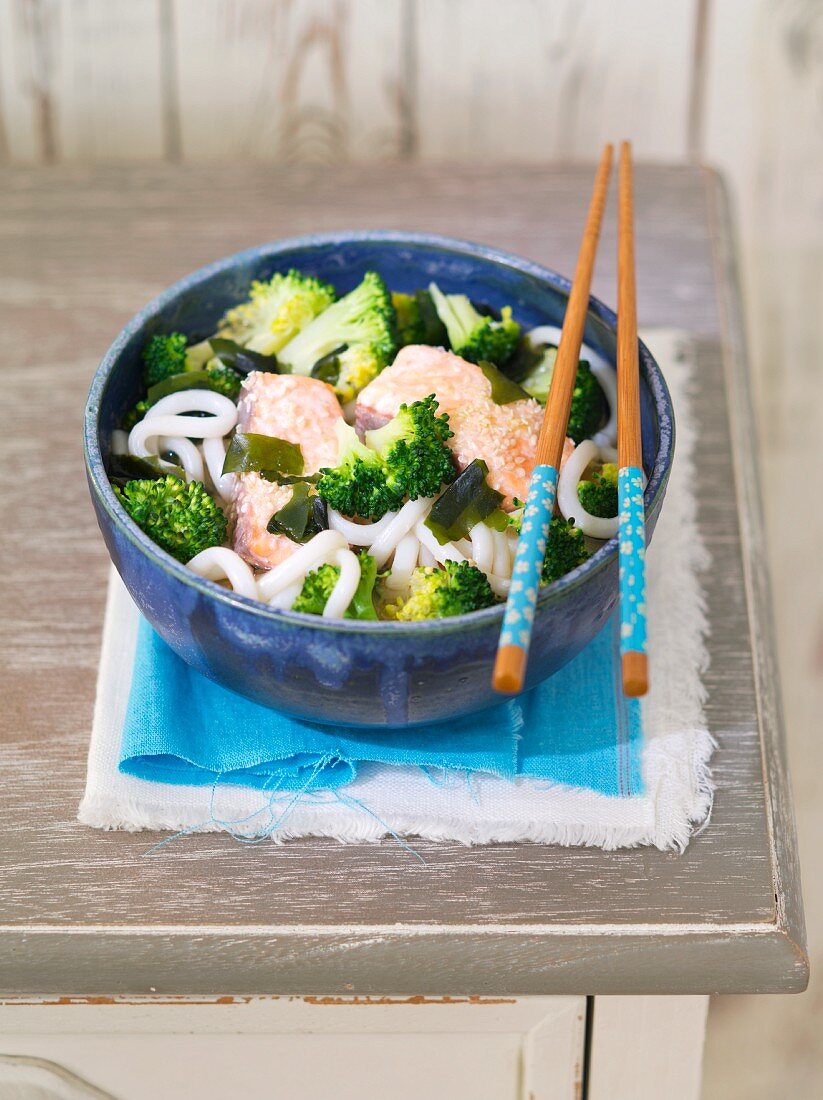 Miso soup with salmon, broccoli and udon noodles (Japan)