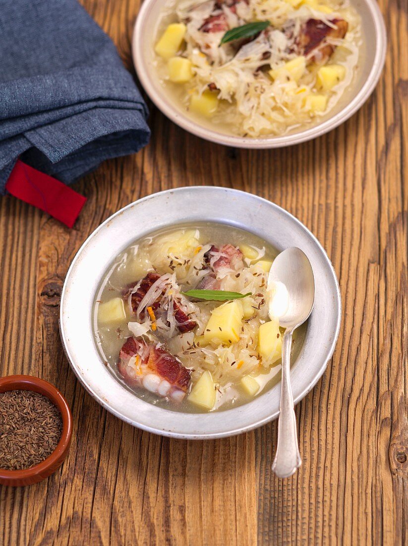 Sauerkraut soup with smoked ribs and potatoes