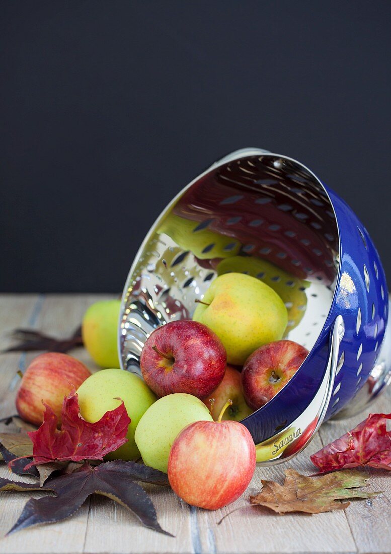 Fresh apples with autumn leaves in a colander