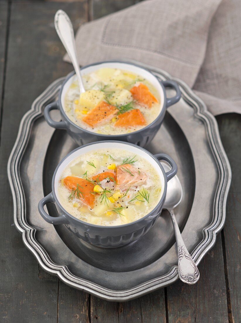 Fish soup with hot-smoked salmon, potatoes, leeks and sweetcorn