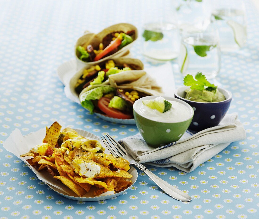 Verschiedene Tex-Mex-Gerichte: Nachos mit Käse, Sour-Cream, Guacamole, Tortilla-Wraps mit Gemüsefüllung