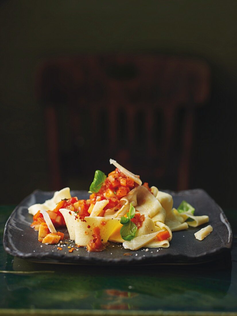 Spelt pappardelle with turnip bolognese and tomatoes