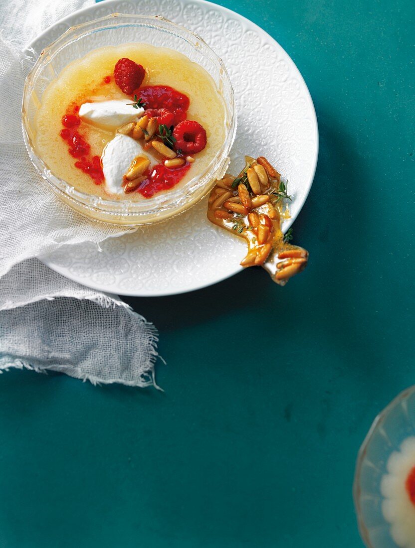 Peach melba soup with thyme brittle