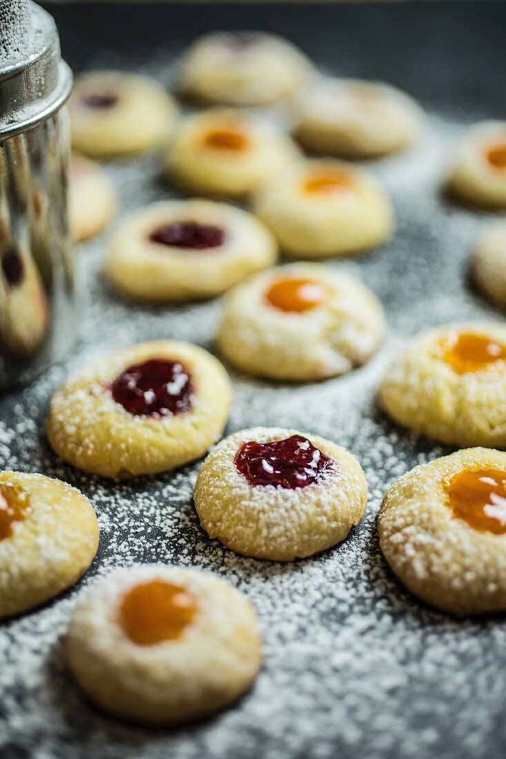 Husarenkrapfen (shortbread jam biscuits) with icing sugar