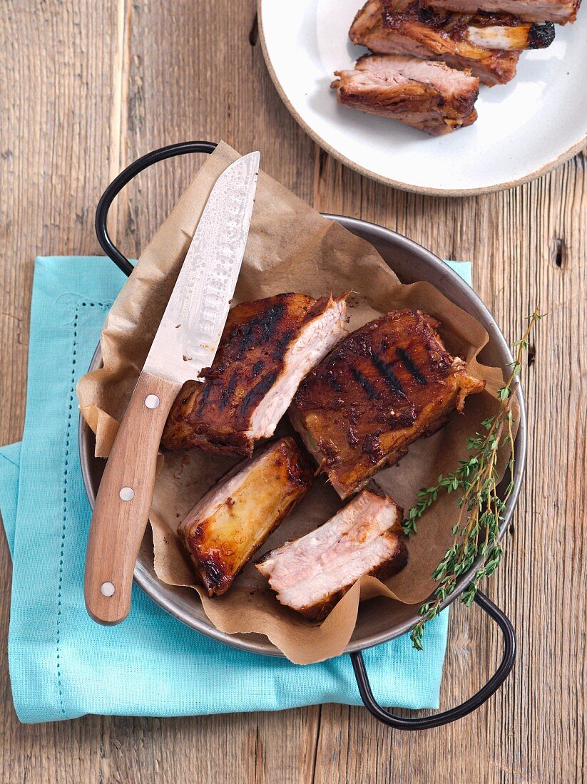 Glazed grilled pork ribs with honey, ginger and soy sauce