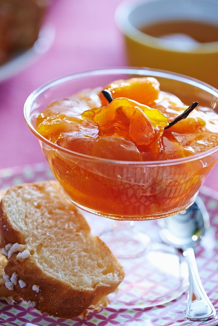 Apricot jam in a glass bowl