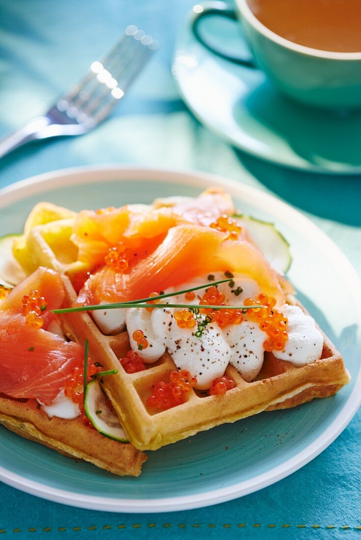 Savoury waffles with smoked salmon and caviar