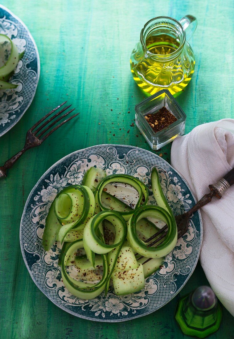 Cucumber salad with chilli flakes and olive oil