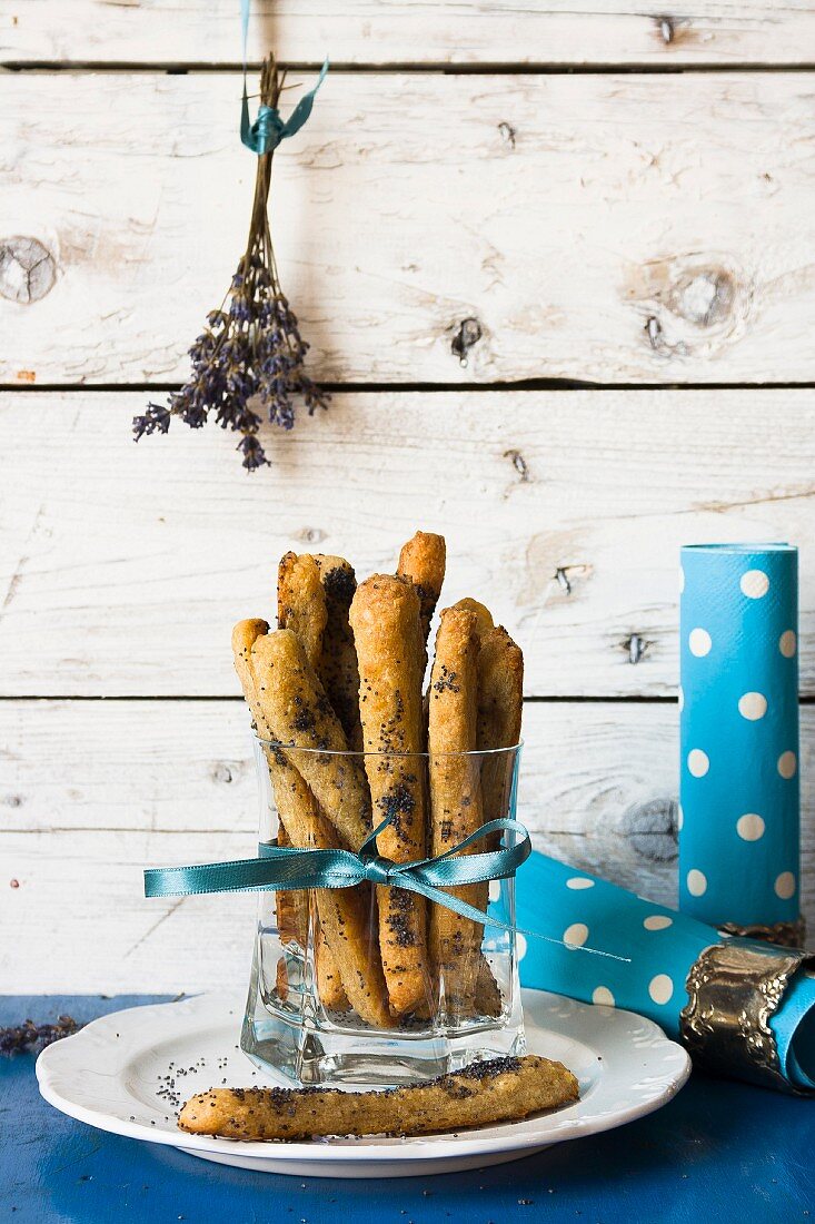 Salted poppyseed and lavender bread sticks