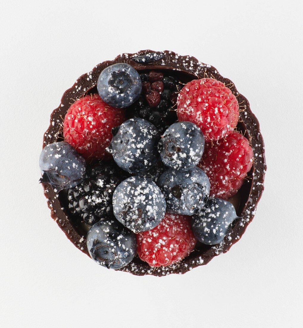 A chocolate cupcake with berries and icing sugar