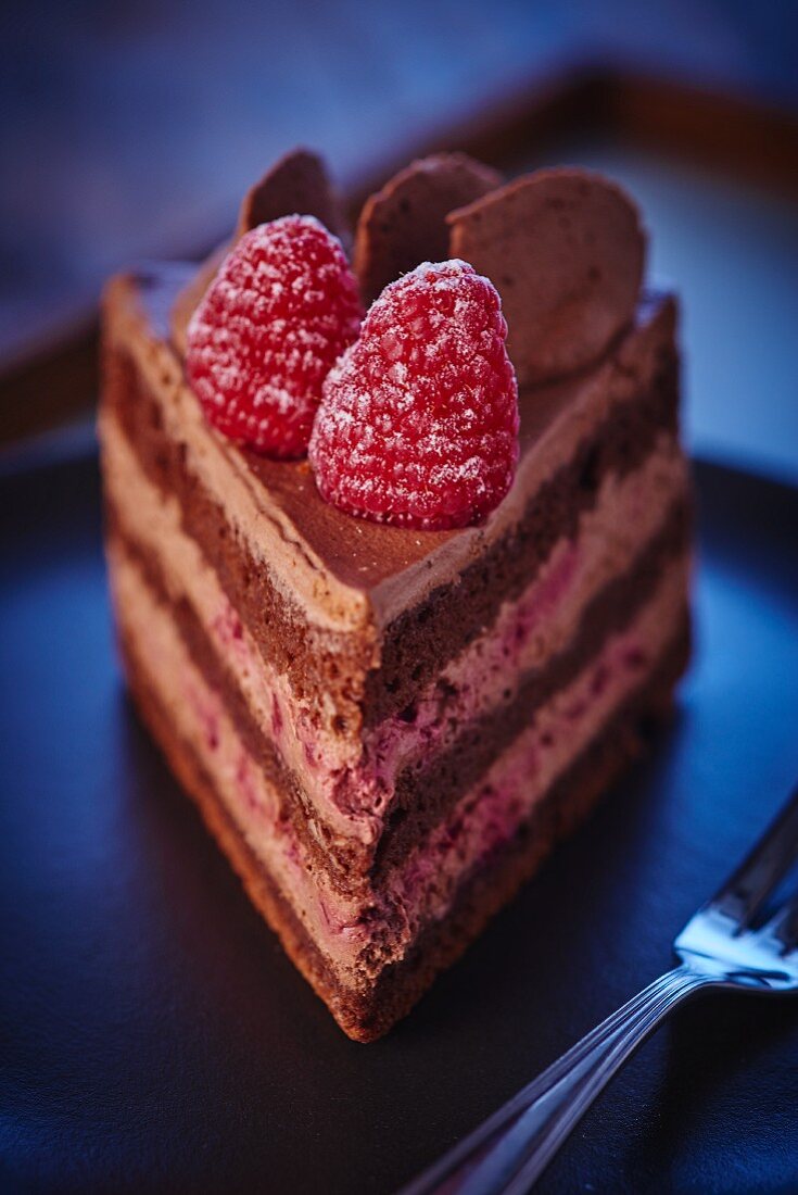 A piece of chocolate cake with raspberries