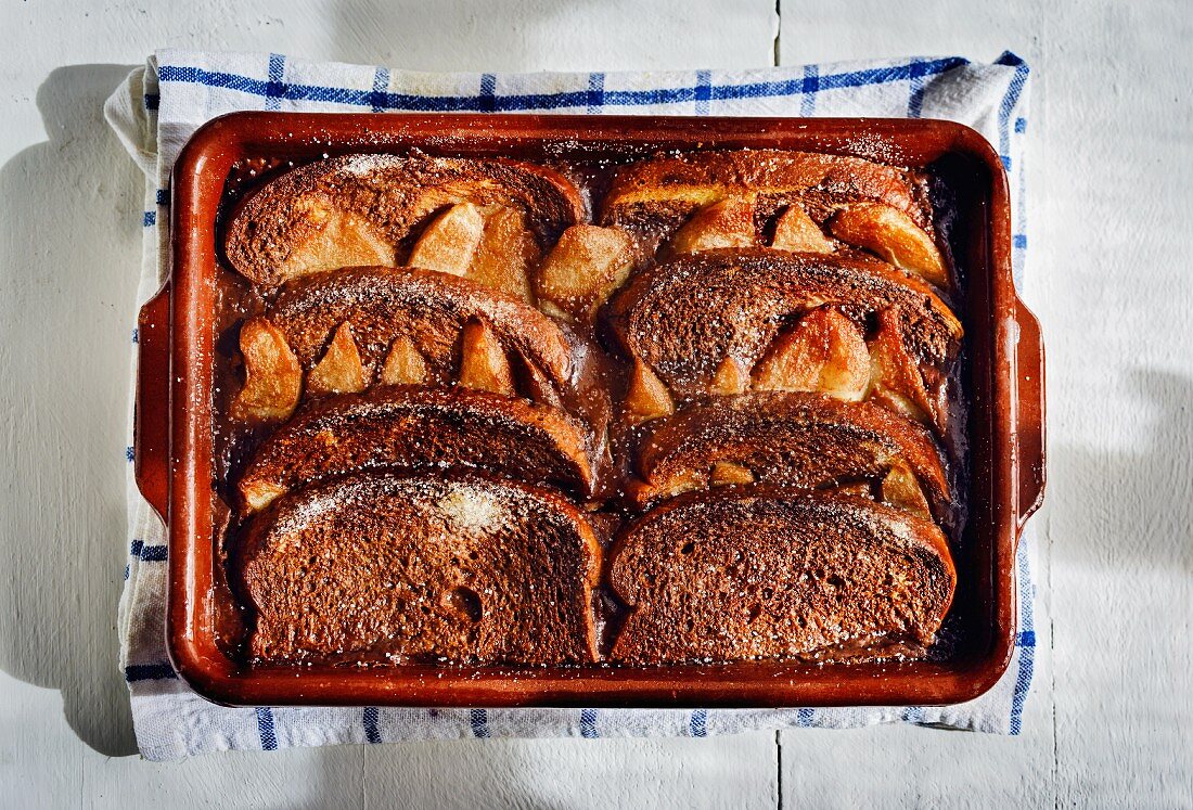 A brioche, pear and chocolate bake (seen from above)