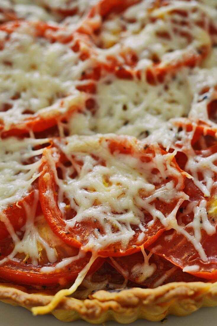 A tomato tart with onions and cheese (detail)