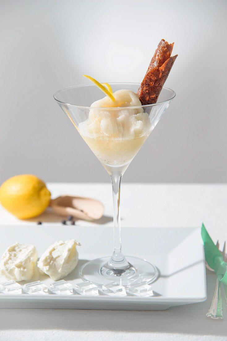 Gin and tonic sorbet with a brittle wafer
