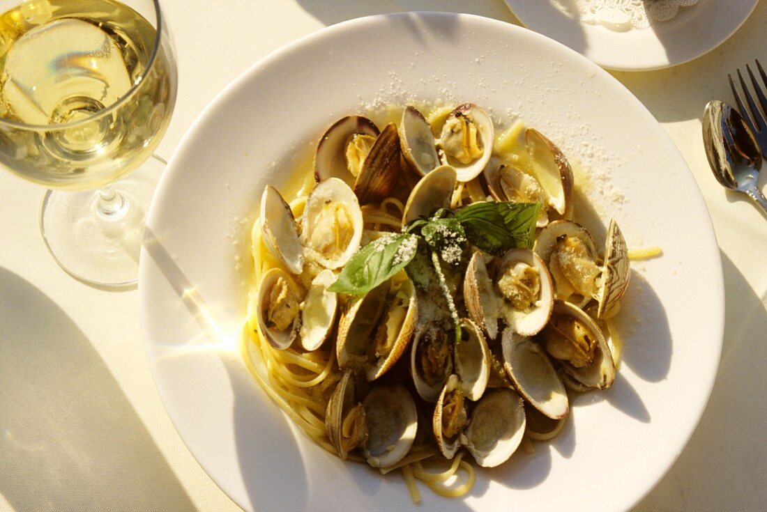Clams with tagliatelle, basil and Parmesan cheese