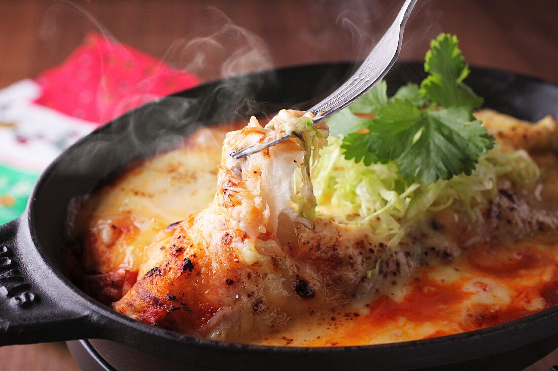 Steaming enchiladas with cheese and coriander (Mexico)