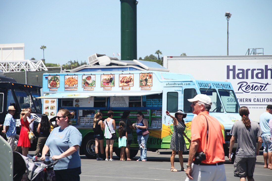 People at a food truck festival in California, USA