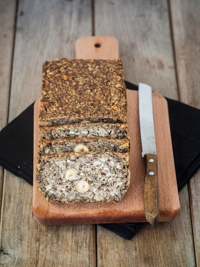 Flourless bread with sunflower, flax and chia seeds, oats, psyllium seed husks and hazelnuts