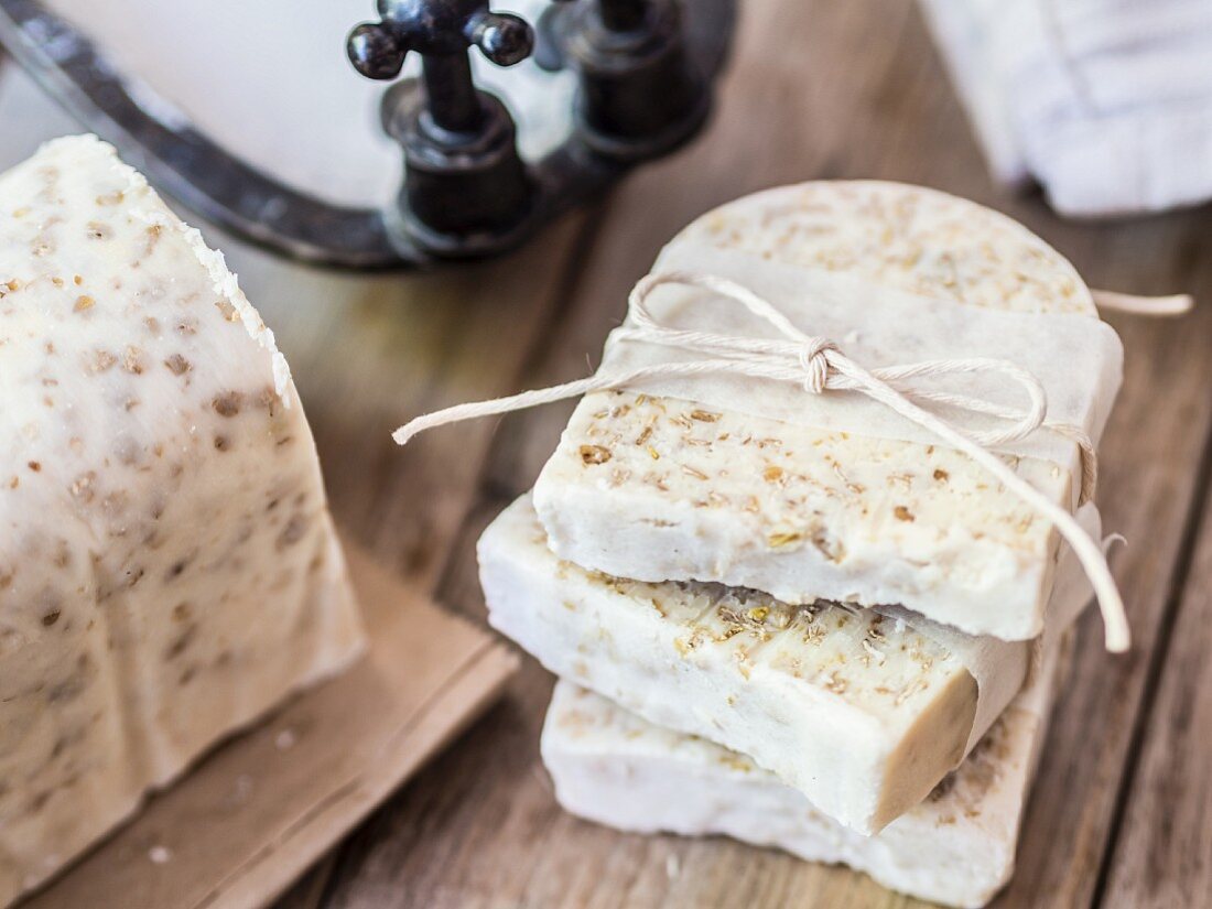 Homemade white soap with oats